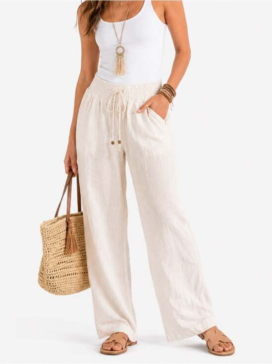 Beau Dawson Pants - Beau Dawson White Linen Elastic Waistband Trousers Loungewear Beachy Pants Sz. M